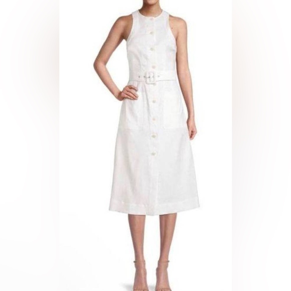 Ted Baker Women White Jancita Belted Linen-Blend Midi-Dress. Size 3